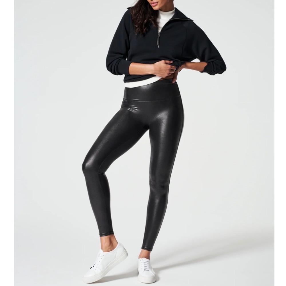 Spanx Faux Leather Leggings Black High Waisted Shaper Slimming Pants Womens M